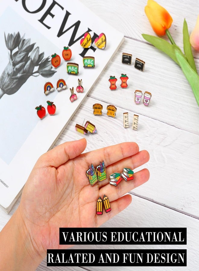SANDOO 15 Pairs Back to School Earrings for Teachers - Wooden Cute Pencil Crayon Ruler Apple Book Earrings, Bulk Teacher Jewelry for Women, Teacher Appreciation Gift - Image 4